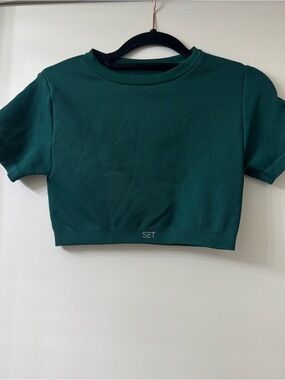 Set Active Cropped Short Sleeve Ribbed Green Top Size Medium